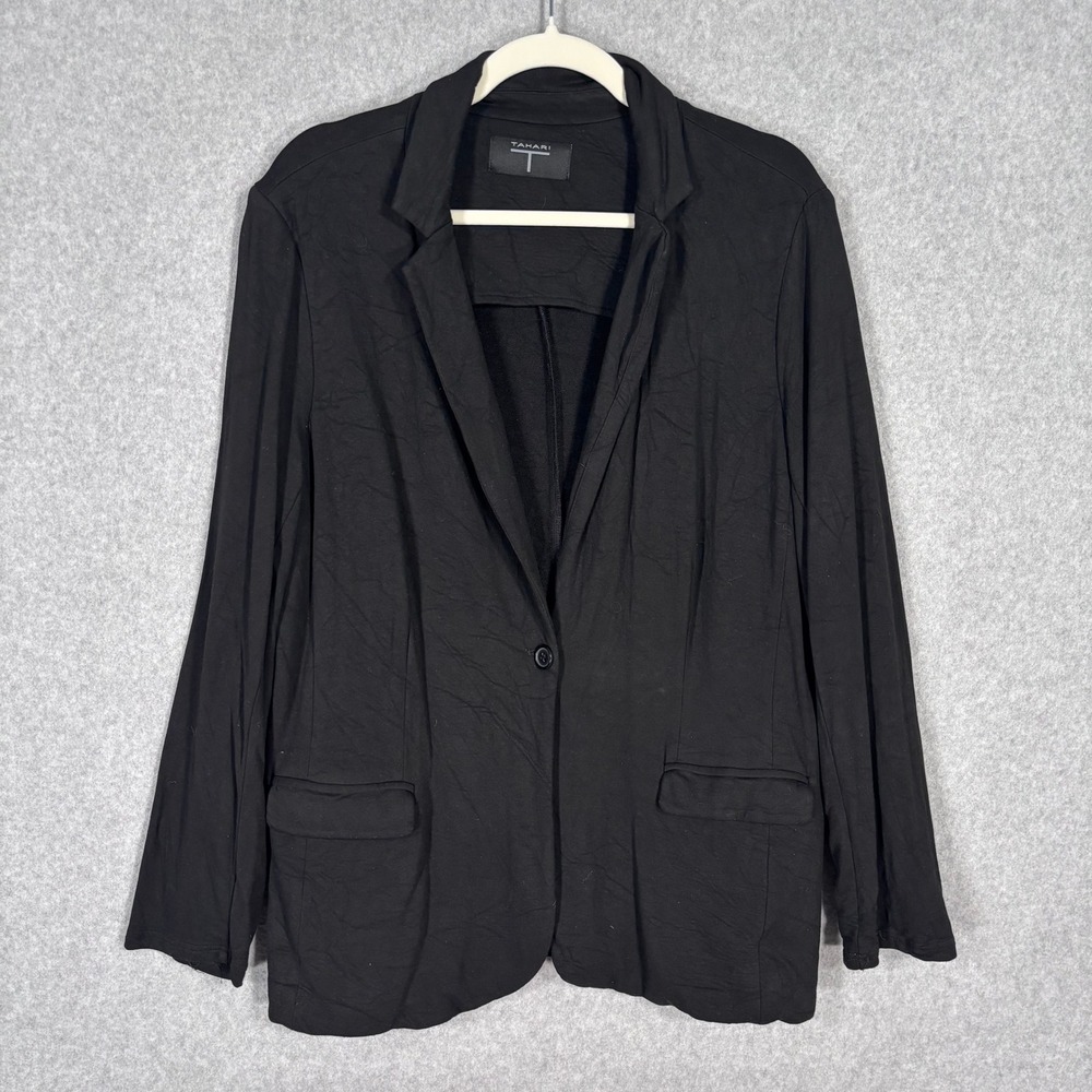T Tahari Knit Blazer Large 1X Jersey‎ Stretch Pockets Minimalist Quiet Luxury